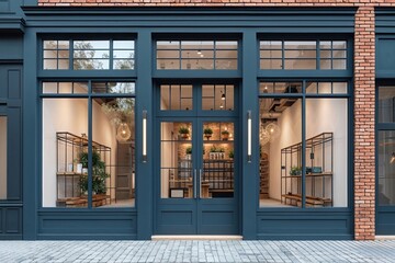 Contemporary Urban Retail Space Featuring Expansive Windows and Stylish Brick Highlights for Business Showcase