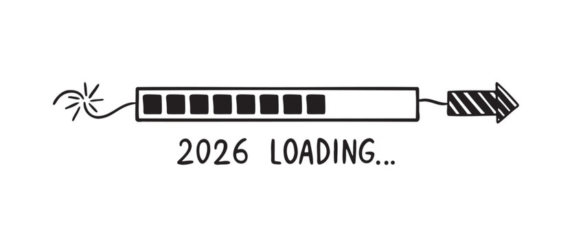 2026 rocket loading bar doodle hand drawn new year coming soon icon. download bar firecracker with pointed tip.