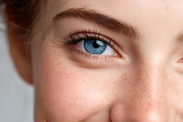 Fototapeta premium Close up portrait of beautiful young woman with blue eyes looking at camera
