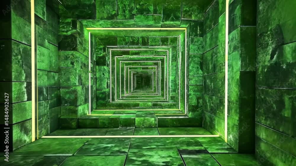Poster green glowing block tunnel creating an immersive and surreal virtual reality experience, block tunne