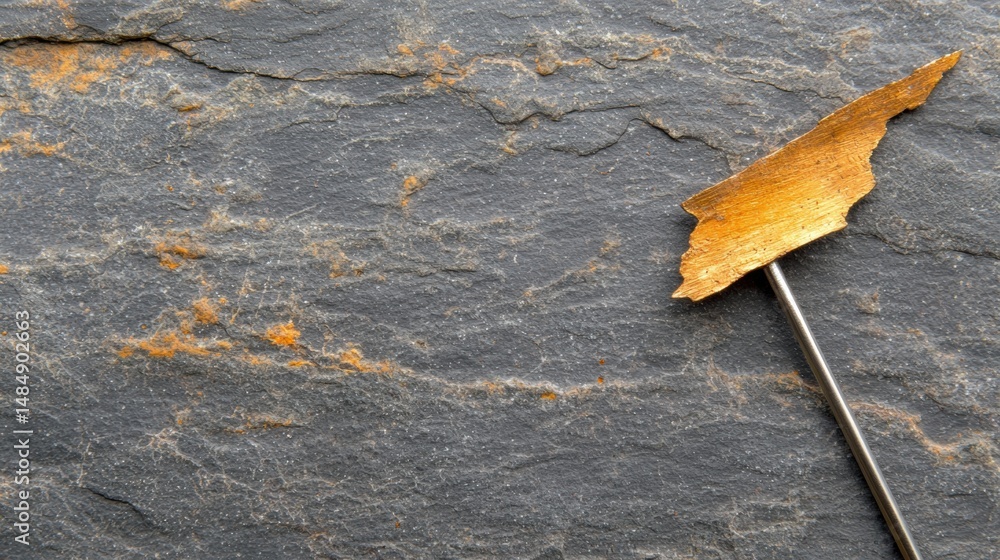 Poster a close-up view of a rock surface with a gold-colored piece of metal embedded in it.
