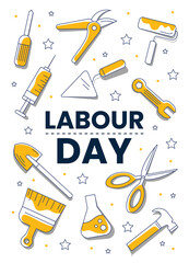 Flat design Labour Day poster with hand tools, construction and science icons in yellow and blue colors, decorated with stars and dots.