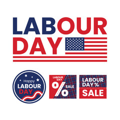 Labour Day sale and celebration design set with American flag colors, discount symbols, and festive elements on a white background.