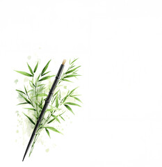 Invitation for a celebration with a decoration of green bamboo and thin brushes with artistic painting.