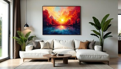 Stylish modern living room interior with comfortable sofa, decorative pillows, and abstract art , greenery, space, comfortable