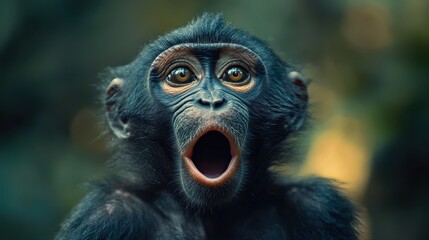 Obraz premium Surprised young monkey with open mouth in forest environment