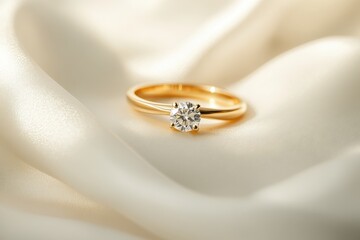 Elegant solitaire diamond ring on creamy satin