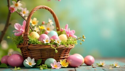 Colorful Easter eggs nestled in a spring basket overflowing with blooming flowers and greenery , vibrant, happy