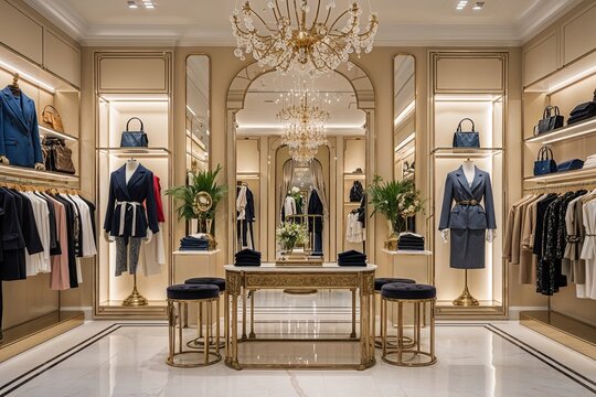 Stylish Boutique Featuring Trendy Fashion Against Beige Walls and Polished Brass Decor