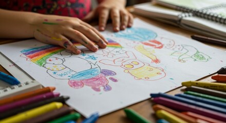 Child coloring rainbow drawing with crayons on wooden table  