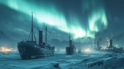 Aurora shimmering above a frozen harbor with snow-dusted ships docked under the starlit sky, Generative AI