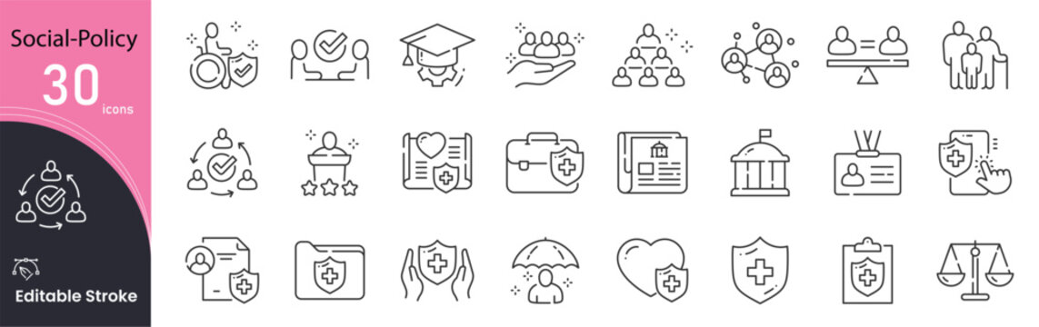 Social Policy related icon collections. Containing Social, Policy, Community, Rights, Equality, Justice, Law, Government, Support, and Advocacy icons. Editable Stroke . Outline icon.