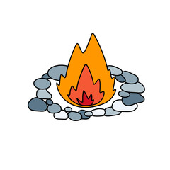 A cartoon drawing of a fire with a rock circle around it