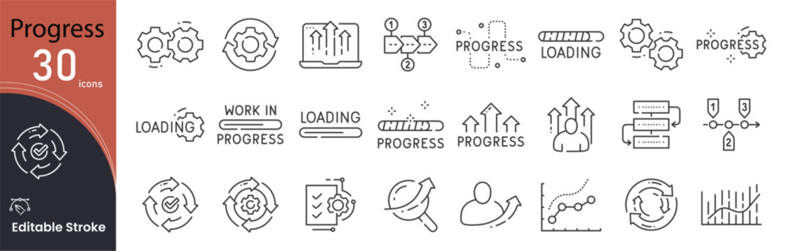 Progress related icon collections. Containing Progress, Growth, Improvement, Development, Success, Achievement, Step, Goal, Result, and Movement icons. Editable Stroke. Outline icon.