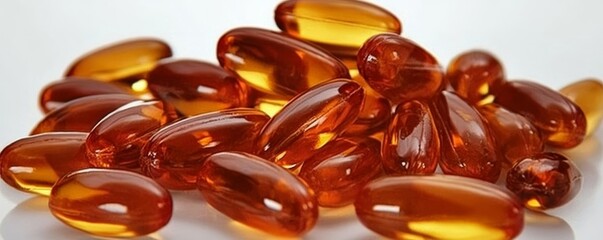 A close up view of a pile of amber colored gel capsules on a white background with reflections