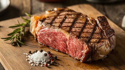 Classic grilled steak with a charred crust and juicy center high-resolution images