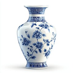 Traditional Asian-style vase with a delicate blue and white design, isolated on white