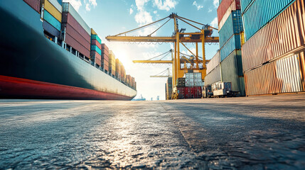 Naklejka premium Cargo ship and crane at bustling container port in China under bright blue sky