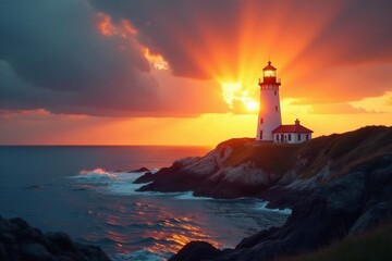 Golden sunrise light beams through a lighthouse beacon, casting a dramatic glow , nature, lighthouse, peaceful