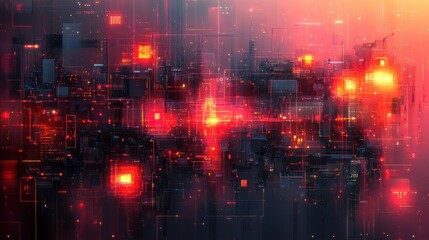 Obraz premium Futuristic city glowing red at night, digital art