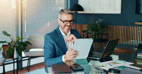 Corporate, research and mature man with tablet, office and online for financial growth in company....