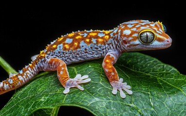 Obraz premium Tiny gecko clinging to a vibrant green leaf, sunlight highlighting its colorful skin, natural outdoor lighting