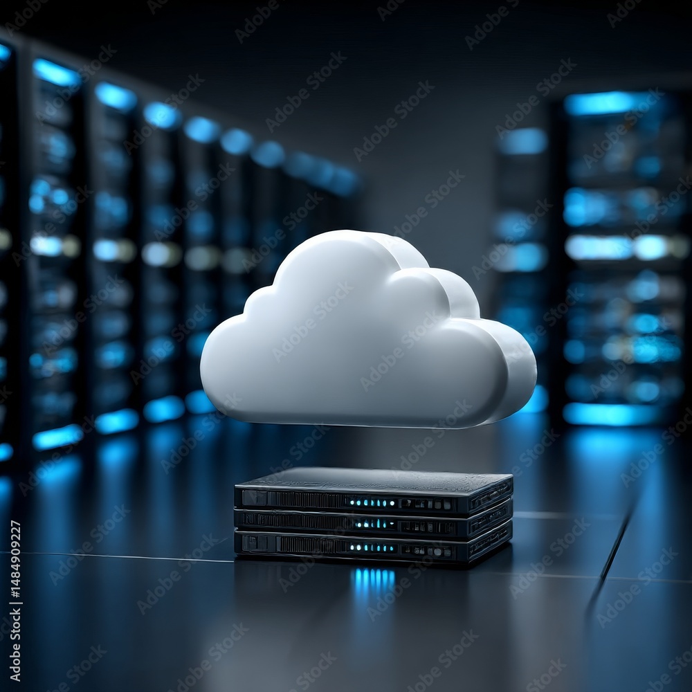 Aufkleber a cloud in the center of an illustration is surrounded by rows and columns of server equipment, all 