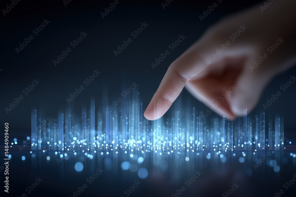 Poster a close-up view of a human finger extending towards a vibrant digital data visualization with glowin