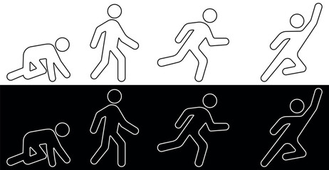 Crawl, Walk, Run and Fly symbols. White and black outline Vector illustration icon set isolated on black and white background.