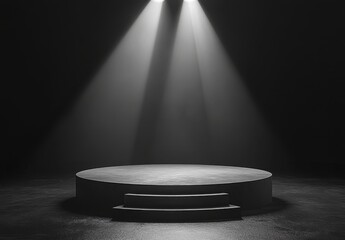 Circular Podium with Dramatic Spotlights in Dark Studio