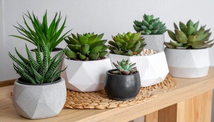 Various succulent plants arranged on a wooden shelf decorating home interior spaces