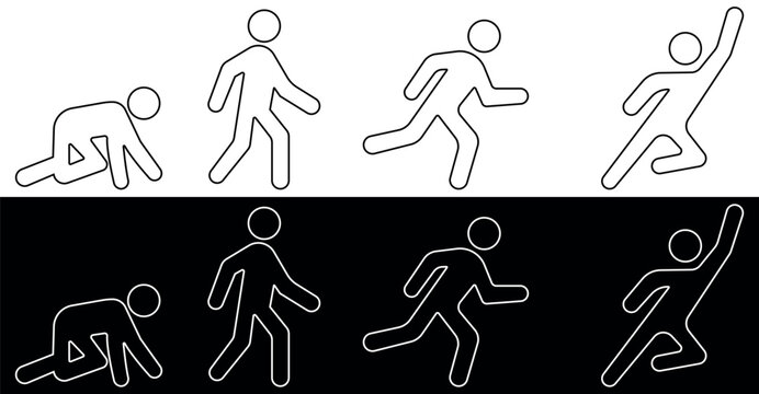 Crawl, Walk, Run and Fly symbols. White and black outline Vector illustration icon set isolated on black and white background.