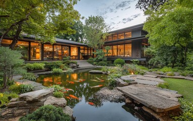 Fototapeta premium Zen-inspired modern villa with a koi pond and lush Japanese garden surroundings