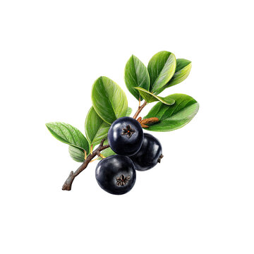 Hand-Drawn Illustration of Black Crowberries on a Branch with Lush Green Leaves