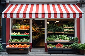 Storefront with Red and White Striped Awning Featuring Fresh Produce on Display