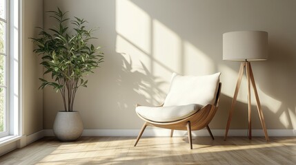 Cozy sunlit reading corner with modern chair, potted plant, and floor lamp