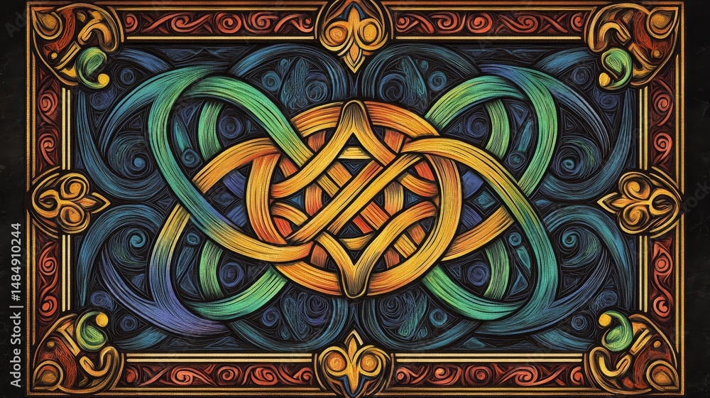 Poster a colorful dark mode drawing of an illuminated manuscript depicting celtic knot patterns. the design