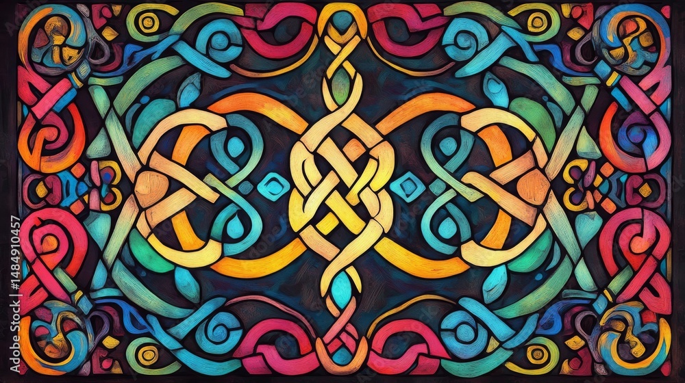 Poster a colorful dark mode drawing of an illuminated manuscript depicting celtic knot patterns. the design