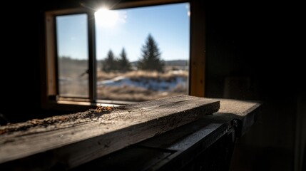 Sunlight streaming through a window, illuminating a wooden plank and a table in a workshop.