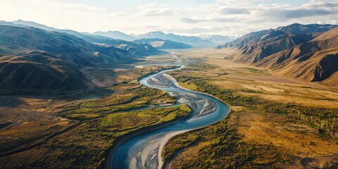 Beautiful high-altitude view of a river meandering through a valley