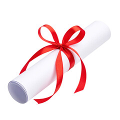 A rolled-up document tied with a red ribbon