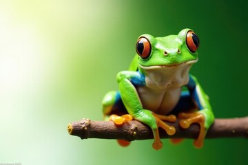 Naklejka premium Green tree frog perched on white, vibrant skin, nature, frog, wildlife photography