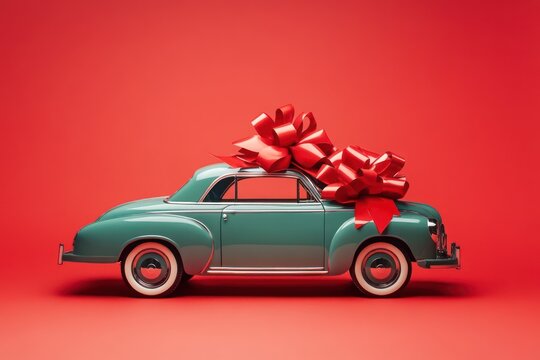 New red-bowed car as surprise gift concept