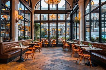 Naklejka premium Bright Cafe Facade with Enormous Glass Windows and Enchanting Interior Space
