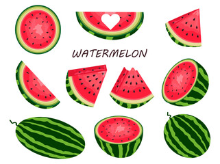Cute summer collection with fresh and juicy whole watermelons and slices in different shapes