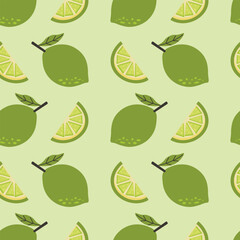 Seamless pattern featuring lime and lime slices on green background. Perfect for summer designs, food packaging, fabric, or kitchen-themed prints