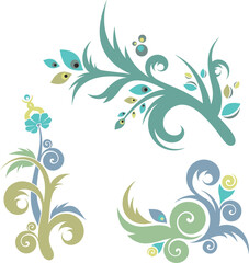 Vector Chinese ornamental floral designs set with peacock feathers, flowers, leaves, swirls. Exquisite decorative luxury designs, typical for Asian cultural tradition.