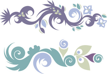 Vector Chinese ornamental floral designs set with peacock feathers, flowers, leaves, swirls. Exquisite decorative luxury designs, typical for Asian cultural tradition.