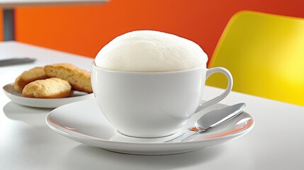 Creamy Foam Coffee in a White Cup with Cookies on a Bright Table