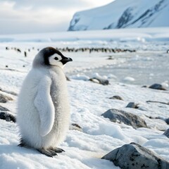  A Baby Penguin In Snowy Tundra.